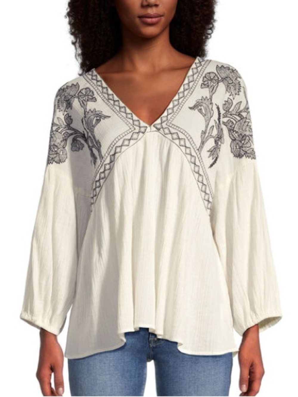 Cost Plus World Market Cream V-Neck Tunic with Black Floral Embroidery